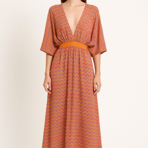 Zigzag V-Neck Belted Maxi Dress