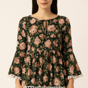 Floral Peplum Top with Pom-Poms