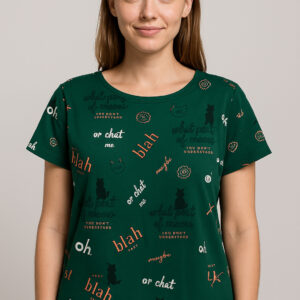 Green Cat Print Slogan Tee