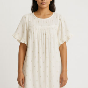 Women's Cream Embroidered Flared Short Dress