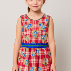 Girls' red check floral cotton dress