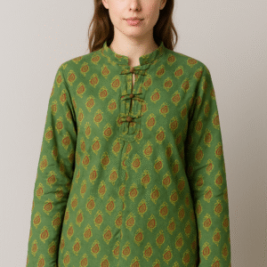 Green printed long-sleeve cotton kurti with mandarin collar and front loops