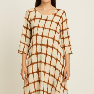 Cream-brown tie-dye A-line dress