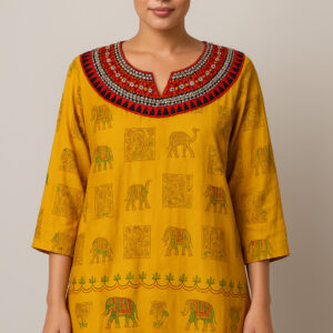 Embroidered Neck Mustard Cotton Kurti