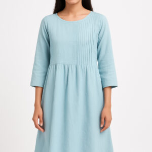 Sky Blue Gathered Pintuck Dress