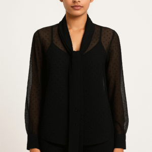 Sheer black tie-neck blouse