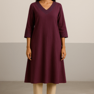 Maroon V-Neck Kurti with Beige Pants