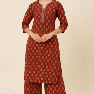 Rust printed kurta & beige palazzo set
