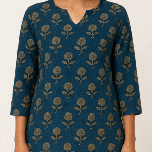 Teal Gold Floral Print Short Kurti
