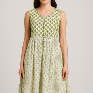 Green Sleeveless Printed Kurti
