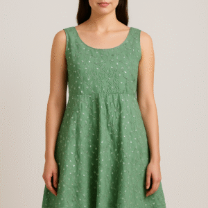 Green Mirror Embroidered Sleeveless Dress