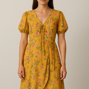 Floral Wrap Puff-Sleeve Dress