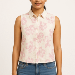 Pink Floral Cotton Sleeveless Shirt
